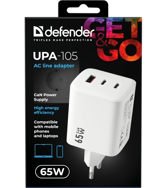 Сетевое зарядное устройство Defender UPA-105 65W, USB A+C+С, белый