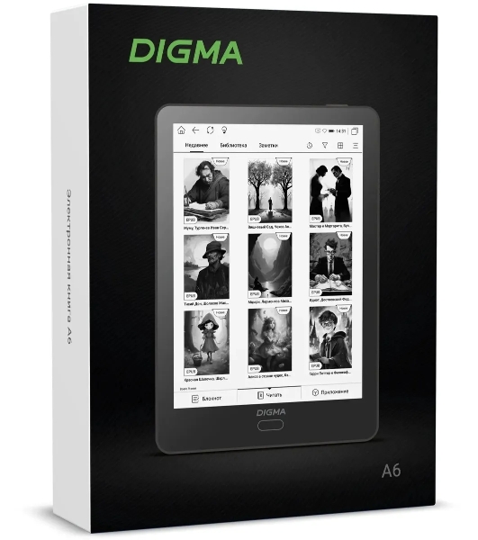 Электронная книга Digma A6 plus 6' E-Ink Carta 758x1024 1.8Ghz 1Gb/32Gb/SD/microSDHC/подсветка дисплея темно-серый (в компл.:обложка)
