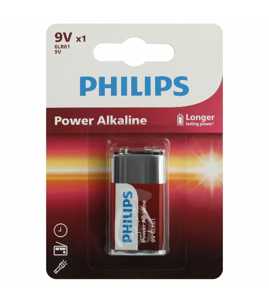 Элемент питания алкалиновый 'крона' 6LR61 9В Power (блист. 1шт) Philips Б0062717
