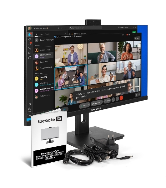 Монитор 27' ExeGate SuperView EA2707CA IPS 2560x1440, 75 Гц, 5 мс, 16:9, 250 кд/м², HDMI 2.0, DP, 3.5 Jack, USB Hub, динамики (2x2 Вт), веб-камера (2 Мп), FreeSync, черный