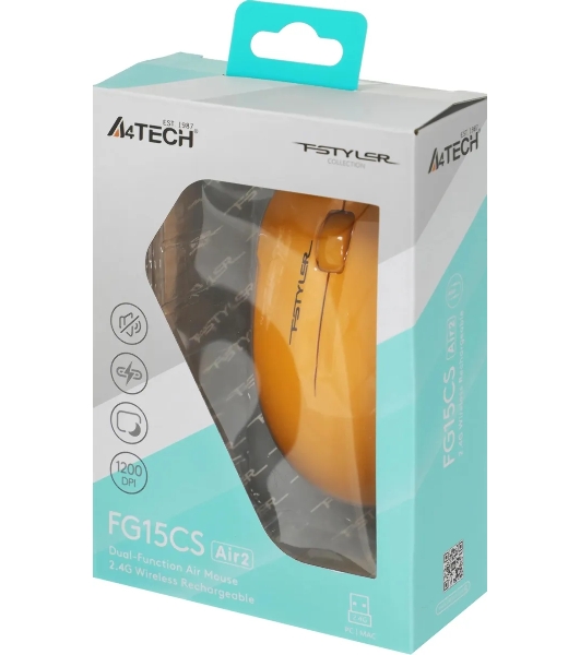 Мышь беспроводная A4Tech Fstyler FG15CS Air2 желтый, 1200 dpi, радиоканал, USB, кнопки - 3