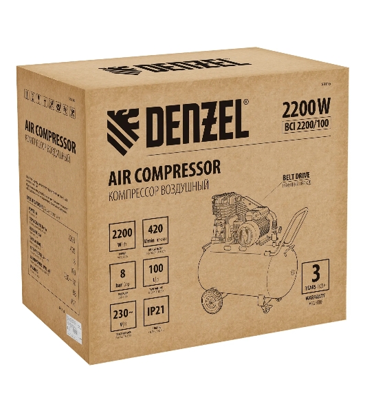 Компрессор воздушный Denzel рем. привод BCI 2200/100, 2,2 кВт, 100 л, 420 л/мин