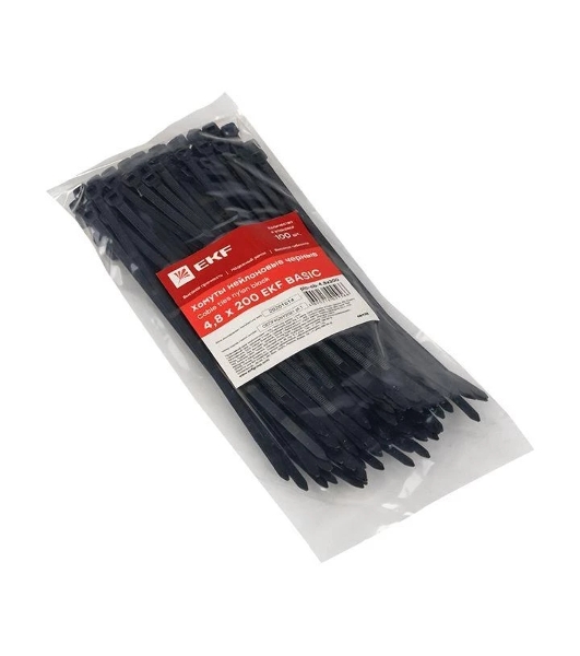 Хомут нейлоновый EKF plc-cb-4.8x200 черный (4,8х200) (100 шт.) EKF Basic