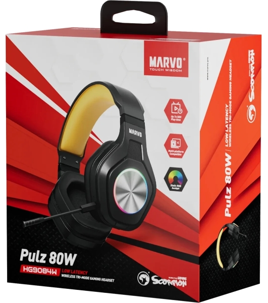 Гарнитура MARVO HG9084W Pulz 80W чёрный, беспроводная + проводная, радиоканал, до 50 ч, подсветка, совместимость с PS5, Xbox