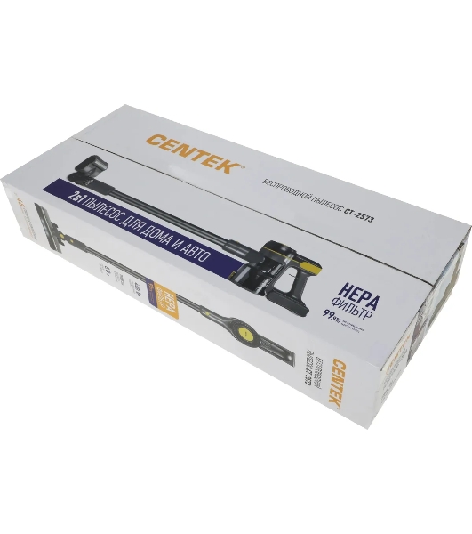 Пылесос вертикальный Centek CT-2573 черный/желтый, питание от аккумулятора, 215 Вт, уборка сухая, пылесборник 0.8 л, работа от АКБ max 45 мин