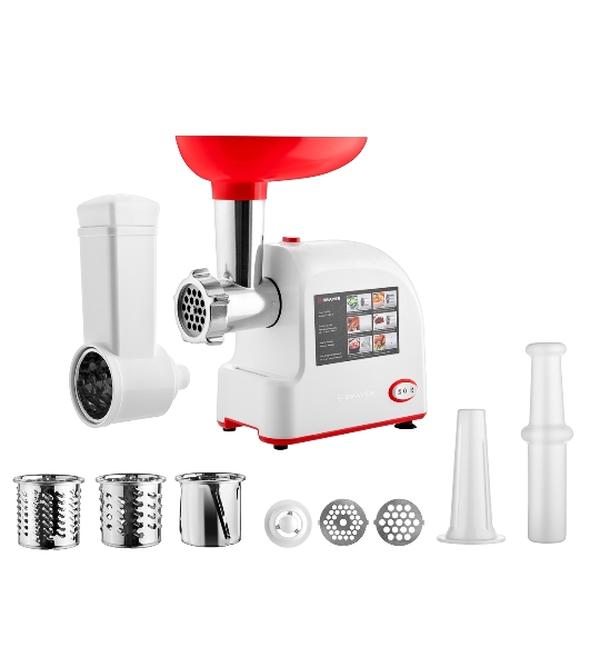 Мясорубка электрическая Brayer BR1603 белый, 1500 Вт, 2.0 кг/мин, реверс, защита от перегрузки, насадки - 7
