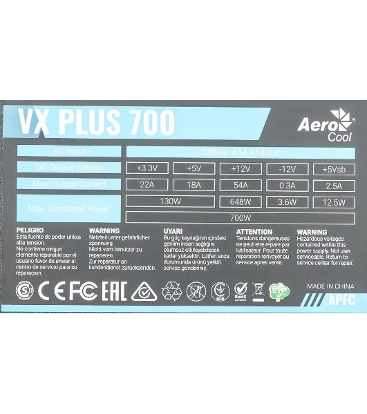 Блок питания Aerocool/Formula VX-700 PLUS, 700Вт, 120мм, черный, (аналог Aerocool VX Plus 700)