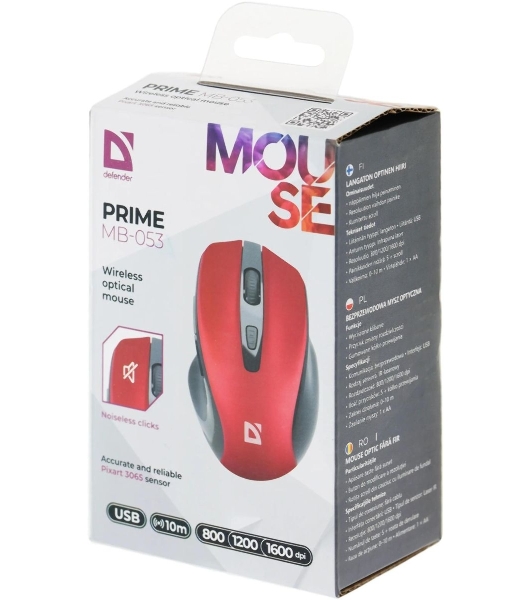 Мышь беспроводная Defender Prime MB-053 красный, 1600 dpi, радиоканал, USB, кнопки - 6