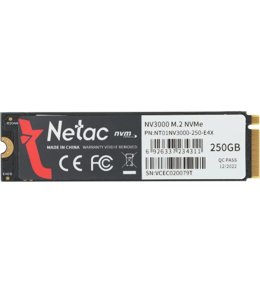 Накопитель SSD Netac NV3000, 250Gb, PCIe 3.0 x4, M.2 2280, NVMe, R/W 3000/1400