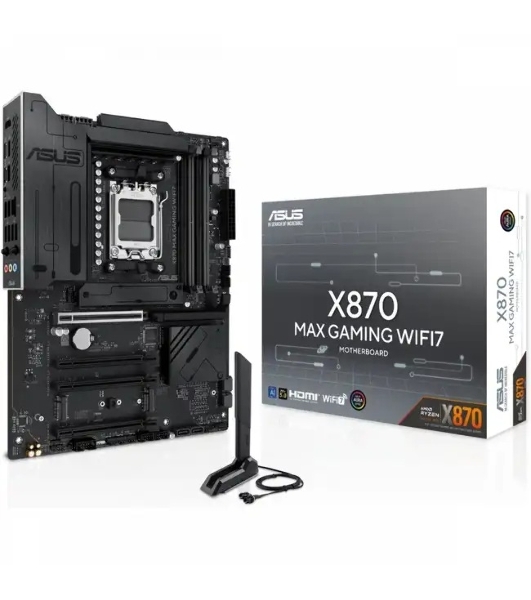 Материнская плата ASUS X870 MAX GAMING WIFI7, AM5, AMD X870, 4xDDR5, 4xSATA, 3xM.2, 1xPCIe 5.0 x16, 2xPCIe 4.0 x16, 1xPCIe x1, 1xHDMI, 2xUSB-C 40Gbps (USB4), 1xUSB-A 10Gbps, 3xUSB-A 5Gbps, 4xUSB-A 2.0, 1x2.5Gb LAN, Wi-Fi 7, Bluetooth 5.4, 3x3.5 мм, 7.1, ATX
