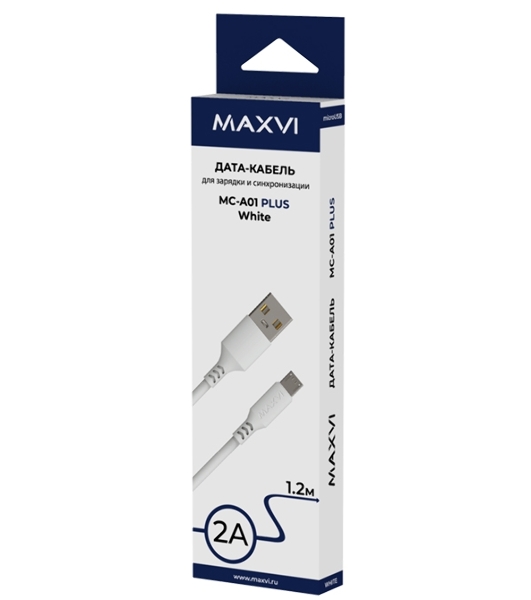Кабель Maxvi MC-A01 plus white USB-A - microUSB, 2A ток макс. нагрузки 2А, макс. напряжение 5V; стандарт USB 2.0; длина 1.2м, материал PVC, белый