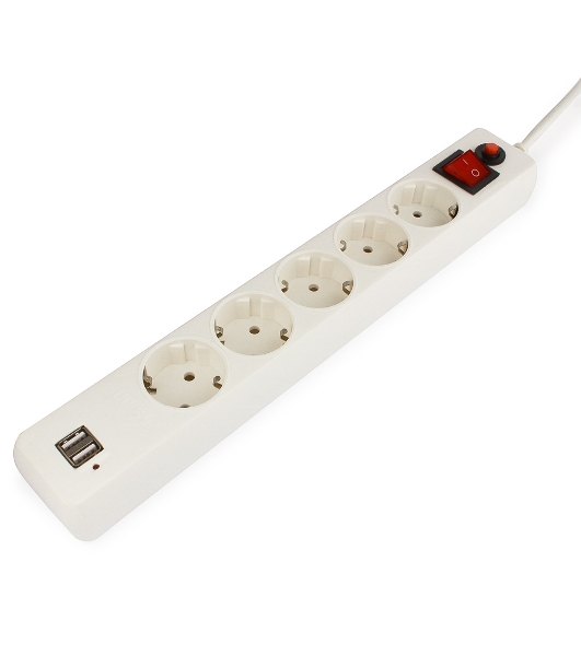 Сетевой фильтр Гарнизон 5 р, 10А, 2xUSB, 1.8 м, ур.защиты 4, белый, пакет