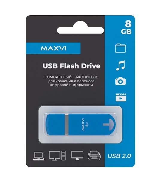Флешка USB Maxvi P3 8Gb USB 2.0 sky blue, монолит с колпачком, ABS пластик