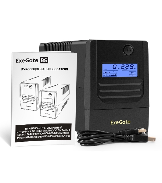 Источник бесперебойного питания ExeGate Smart LB-850.LCD.AVR.2SH.USB (850VA/510W, LCD, AVR, 2*Schuko, USB, батарея 12V 9Ah, черный)