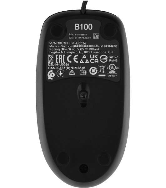 Мышь проводная Logitech B100 черный, 1000 dpi, USB, кнопки - 3