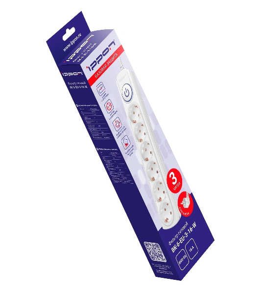 Сетевой фильтр Ippon BK-6-EU-3-16-W 3 м, 6 розеток, белый, коробка