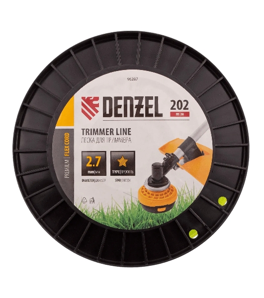 Леска для триммера Denzel звезда, 2,7мм х 202м, на DIN катушке FLEX CORD