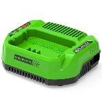 Зарядное устройство GreenWorks 60V (2932007)'Зарядное устройство Greenworks (модель) - используется для заряда аккумуляторных батарей Гринворкс 60 вольт на 2 А/ч,4 А/ч и 6 А/ч.Время зарядки данных аккумуляторов составляет: 2 А/ч = 60 минут; 4 А/ч = 120 минут.Зарядка оснащается системой автоматического отключения при достижении максимального заряда батареи для сохранения рабочих характеристик Li-Ion, а также специальным чипом, который защищает батарею от перегрева. Эти современные системы интеллектуального заряда обеспечивают сохранность дорогостоящего лития от преждевременной потери своих свойств и обеспечивают максимально возможный срок службы батареи. Для устойчивости зарядка имеет прорезиненные ножки. Для крепления на стену есть специальная проушина. На корпусе зарядки присутствую индикаторы заряда. Питание зарядного устройства осуществляется от сети 230 вольт переменного тока 50-60 Гц, 1,9 Ампер.Преимущества модели: Совместимость с аккумуляторами Greenworks 60V; Чип для защиты от перегрева, фото 1