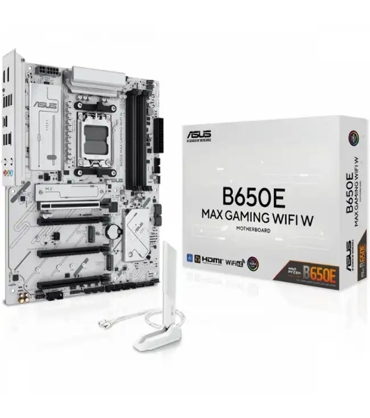 Материнская плата ASUS B650E MAX GAMING WIFI W, AM5, AMD B650, 4xDDR5, 4xSATA, 3xM.2, 1xPCIe 5.0 x16, 1xPCIe 4.0 x4, 2xPCIe 3.0 x1, 1xDP, 1xHDMI, 1x2.5Gb LAN, Wi-Fi 6E, Bluetooth 5.3, 1xUSB-C 10Gbps, 3xUSB-A 10Gbps, 2xUSB-A 5Gbps, 2xUSB-A 2.0, 3x3.5 мм, 7.1, ATX