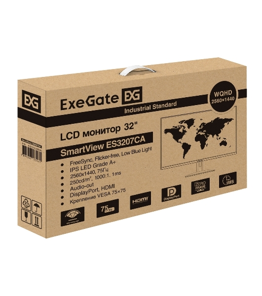 Монитор 31.5' ExeGate SmartView ES3207CA IPS 2560x1440, 75 Гц, 1 мс, 16:9, 250 кд/м², 1xHDMI, 2xDP, 2xUSB, 3.5 мм, черный