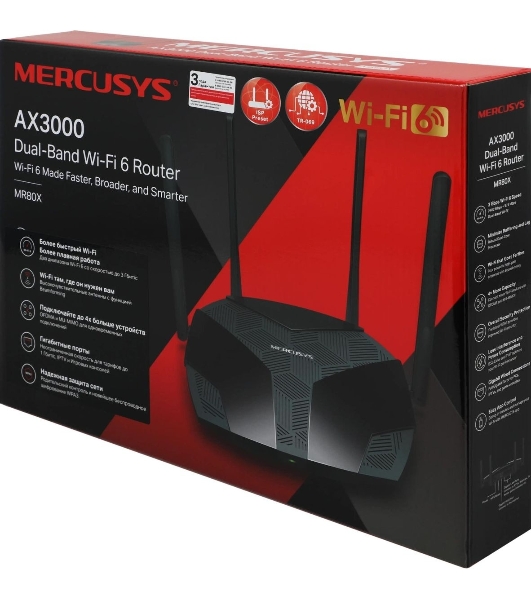 Двухдиапазонный роутер MERCUSYS MR80X AX3000 Wi-Fi 6, до 574 Мбит/с на 2,4 ГГц + до 2402 Мбит/с на 5 ГГц,4 фиксированные внешние антенны, 3 гигабитных порта LAN, 1 гигабитный порт WAN