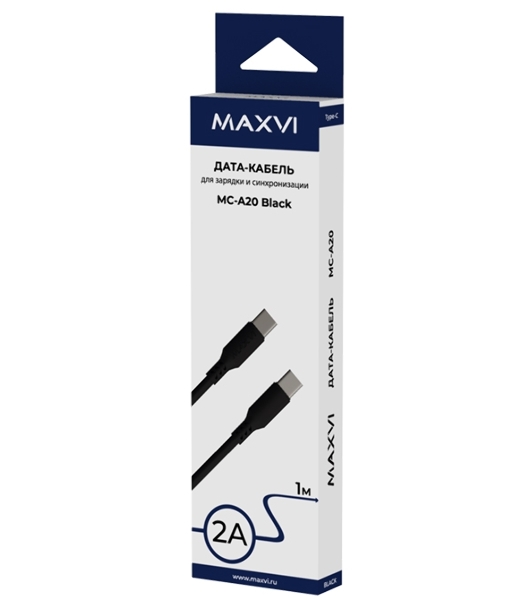 Кабель Maxvi MC-A20 black Type-C - Type-C, 2A ток макс. нагрузки 2А, макс. напряжение 5V, длина кабеля 1м, материал PVC, черный
