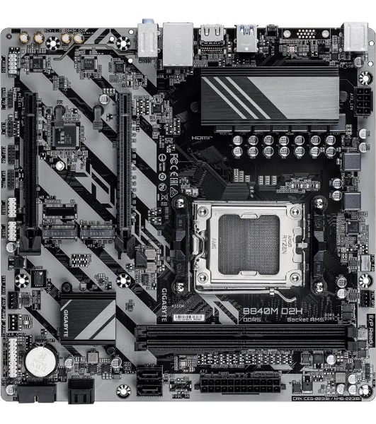 Материнская плата Gigabyte B840M D2H (V1.2), AM5, AMD B840, 2xDDR5, 4xSATA, 2xM.2, 1xPCIe 4.0 x16, 1xPCIe 3.0 x4, 1xHDMI, 1x2.5Gb LAN, 2xUSB-A 5Gbps, 8xUSB-A 2.0, 3x3.5 мм, 7.1, mATX