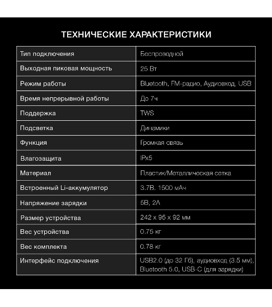 Колонка портативная Hyundai H-PS1021 черный/черный 25 Вт 1.0 BT 10м 1500mAh