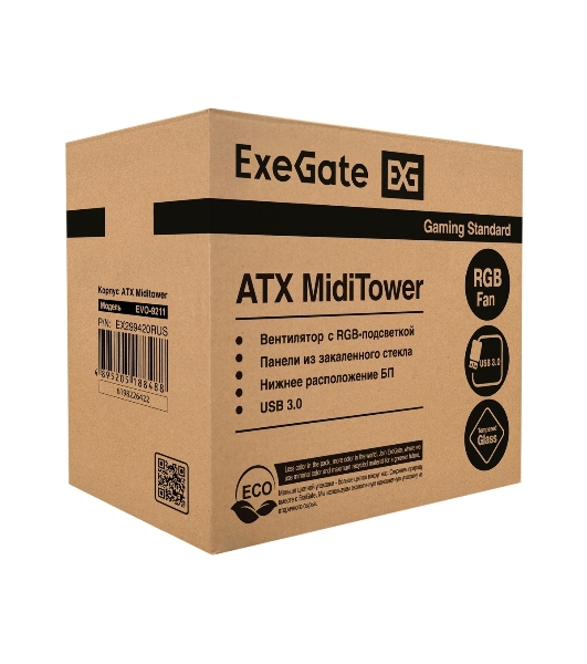 Компьютерный корпус Miditower ExeGate EVO-9211-800NPX (ATX, БП 800NPX с вент. 12см, с окном, 2хUSB+1хUSB3.0, HD аудио, черный, 1 вент. с RGb подсветкой)