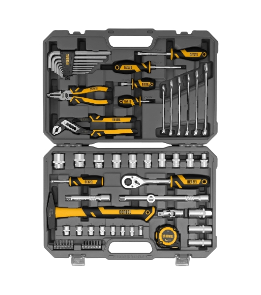Набор инструментов Denzel 1/2', 1/4', CrV, S2, пластиковый кейс, 64 предмета