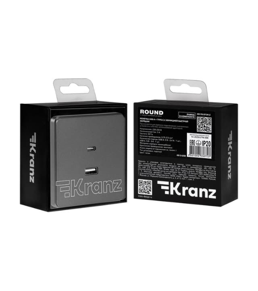 Розетка Kranz ROUND USB-A+Type-C 3А с функцией быстрой зарядки титан