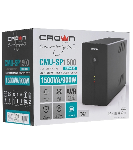 Источник бесперебойного питания Crown CMU-SP1500EURO USB/1500 ВА/900 Вт/1 х IEC 320 C13 (компьютерная), 4 х CEE 7 (евророзетка)