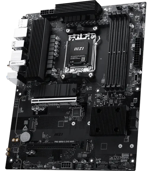Материнская плата MSI PRO B850-S EVO WIFI, AM5, AMD B850, 4xDDR5 (до 256 ГБ), 4xSATA, 3xM.2 (1xPCIe 5.0, 2xPCIe 4.0), 1xPCIe 5.0 x16, 1xPCIe 4.0 x16, 1xHDMI, 1xDP, 1x5Gb LAN, Wi-Fi 7, Bluetooth 5.4, 1xUSB-C 10Gbps, 2xUSB-A 10Gbps, 2xUSB-A 5Gbps, 4xUSB-A 2.0, 3x3.5 мм, 7.1, чёрный, ATX