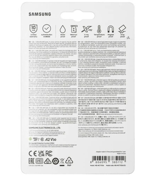 Флеш карта Samsung EVO Plus, microSDXC 1Tb, Class 10, A2, V30, UHS-I (U3), W 90 МБ/с, R 160 МБ/с, адаптер на SD