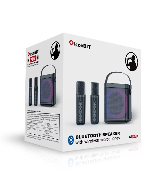 Переносная караоке система TRS2406 iconBIT K702B Колонка 10Вт, 2 микрофона Bluetooth, подсвктка, с аккумулятор в колонке 1500mAh и микрофонах, 16*12*16.7 CM, черный