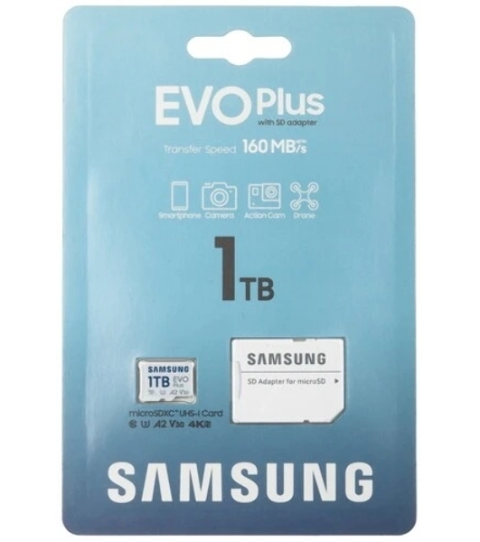 Флеш карта Samsung EVO Plus, microSDXC 1Tb, Class 10, A2, V30, UHS-I (U3), W 90 МБ/с, R 160 МБ/с, адаптер на SD