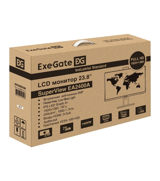 Монитор 23.8' ExeGate SuperView EA2400A IPS 1920x1080, 75 Гц, 5 мс, 16:9, 250 кд/м², HDMI 1.4, VGA, веб-камера (2 Мп), 3.5 мм, черный