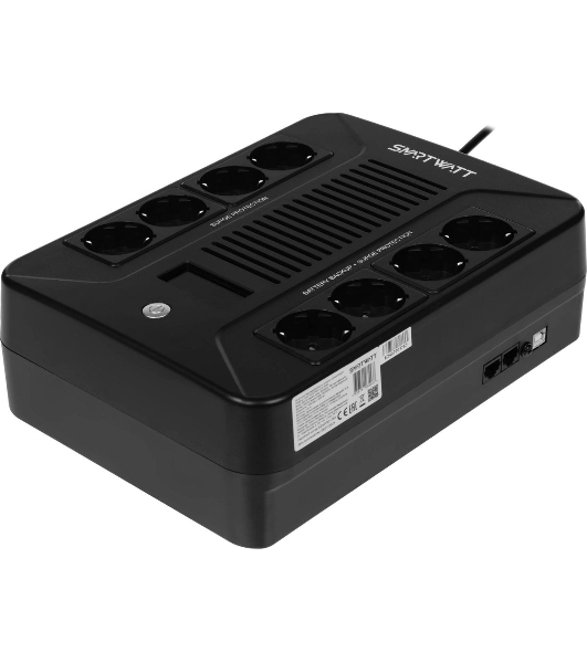 Источник бесперебойного питания SMARTWATT UPS SAFE PRO LCD 1000 черный 1000/600 ВА/Вт, напольный/настенный, линейно-интерактивный, LCD дисплей, Shuko CEE7/4 - 8 шт. (4 шт. с резервным питанием, 4 шт. - сетевой фильтр)