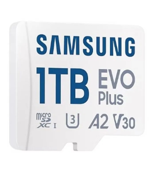 Флеш карта Samsung EVO Plus, microSDXC 1Tb, Class 10, A2, V30, UHS-I (U3), W 90 МБ/с, R 160 МБ/с, адаптер на SD