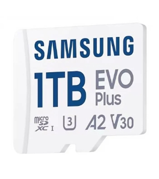 Флеш карта Samsung EVO Plus, microSDXC 1Tb, Class 10, A2, V30, UHS-I (U3), W 90 МБ/с, R 160 МБ/с, адаптер на SD