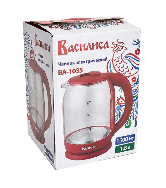 Чайник электрический ВАСИЛИСА ВА-1035 1.8 л, стекло, бордовый, 1500 Вт(12)