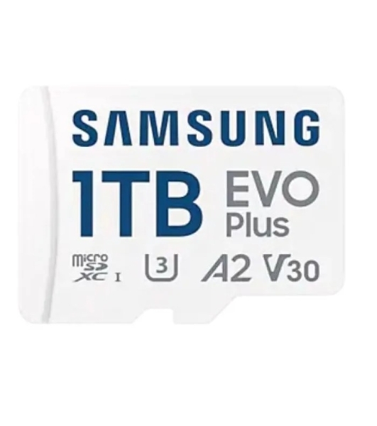 Флеш карта Samsung EVO Plus, microSDXC 1Tb, Class 10, A2, V30, UHS-I (U3), W 90 МБ/с, R 160 МБ/с, адаптер на SD