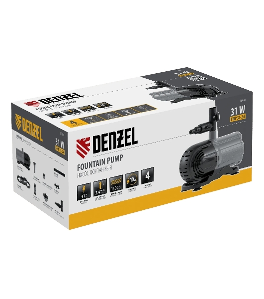 Насос фонтанный Denzel FNP31-24 31 Вт, подъем 2,4 м, 1500 л/ч, колокольчик/2 каскада/гейзер