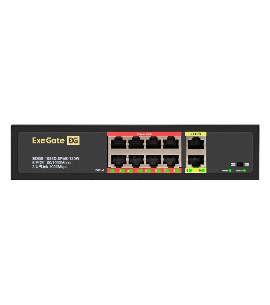 Коммутатор ExeGate EDGS-1082D.8PoE-120W, 8×100 Мбит/с PoE + 2×1 Гбит/с, неуправляемый