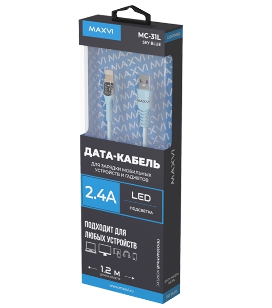 Дата-кабель Maxvi MC-31L USB-Lightning 2.4А, прозрачный корпус, LED подсветка, 1.2м, sky blue