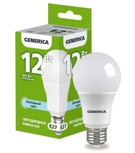 Лампа светодиодная GENERICA LL-A60-12-230-65-E27-G A60 12Вт грушевидная 6500К E27 230В