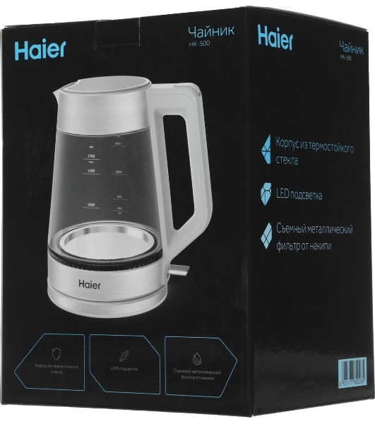 Чайник электрический Haier HK-500 1.7л. 2200Вт серый/белый корпус: стекло/пластик (TD0029955RU)