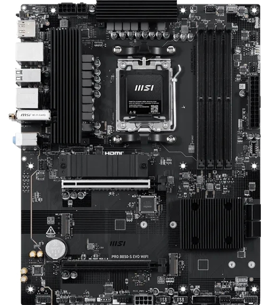 Материнская плата MSI PRO B850-S EVO WIFI, AM5, AMD B850, 4xDDR5 (до 256 ГБ), 4xSATA, 3xM.2 (1xPCIe 5.0, 2xPCIe 4.0), 1xPCIe 5.0 x16, 1xPCIe 4.0 x16, 1xHDMI, 1xDP, 1x5Gb LAN, Wi-Fi 7, Bluetooth 5.4, 1xUSB-C 10Gbps, 2xUSB-A 10Gbps, 2xUSB-A 5Gbps, 4xUSB-A 2.0, 3x3.5 мм, 7.1, чёрный, ATX