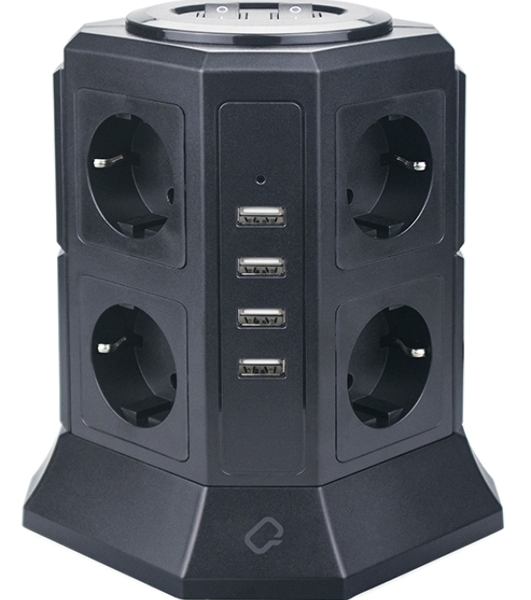 Сетевой фильтр Qumo Power Tower Pro 8SP4U (P-0002), 8 розеток, 2200 Вт, 10A, кабель 2 м 3*1 мм чистая медь, пожаробезопасный пластик, евровилка, 4 USB порта 4.5A суммарно
