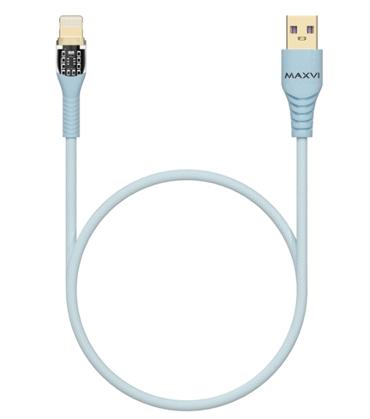 Дата-кабель Maxvi MC-31L USB-Lightning 2.4А, прозрачный корпус, LED подсветка, 1.2м, sky blue